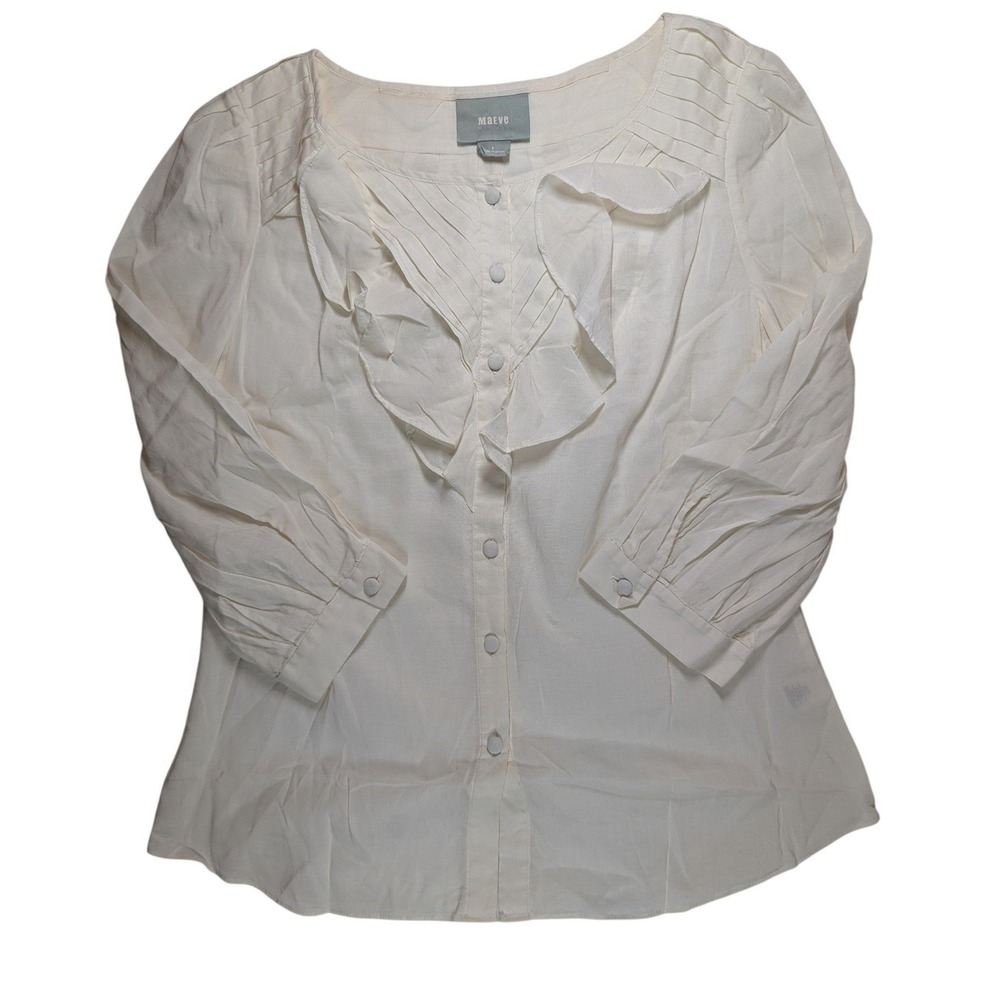 Maeve Blouse Womens 2 Ivory Ruffle Pleated Button‎ Front Anthropologie